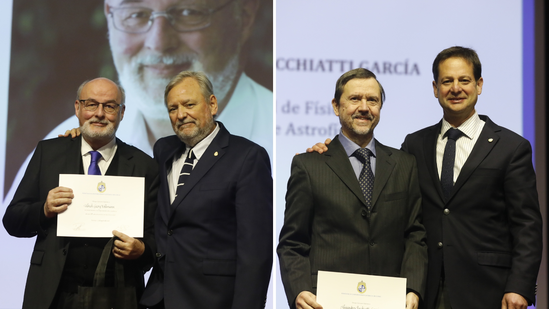Los profesores Ulrich Volkmann y Alejandro Clocchiatti son reconocidos en la Ceremonia del Día de la Trayectoria Académica UC