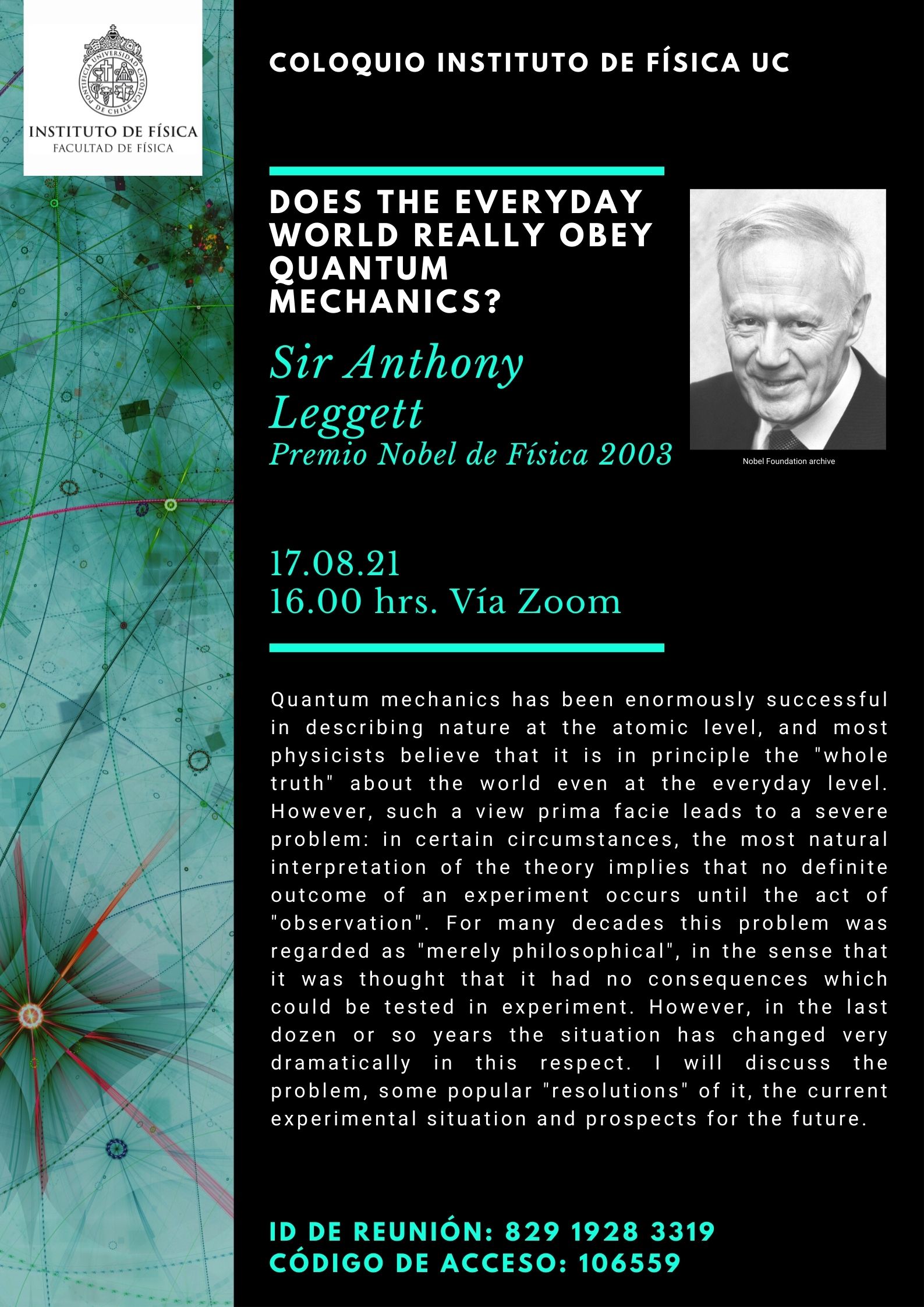 Coloquio Sir Anthony Leggett, Premio Nobel de Física 2003, inaugura nueva temporada de coloquios IF