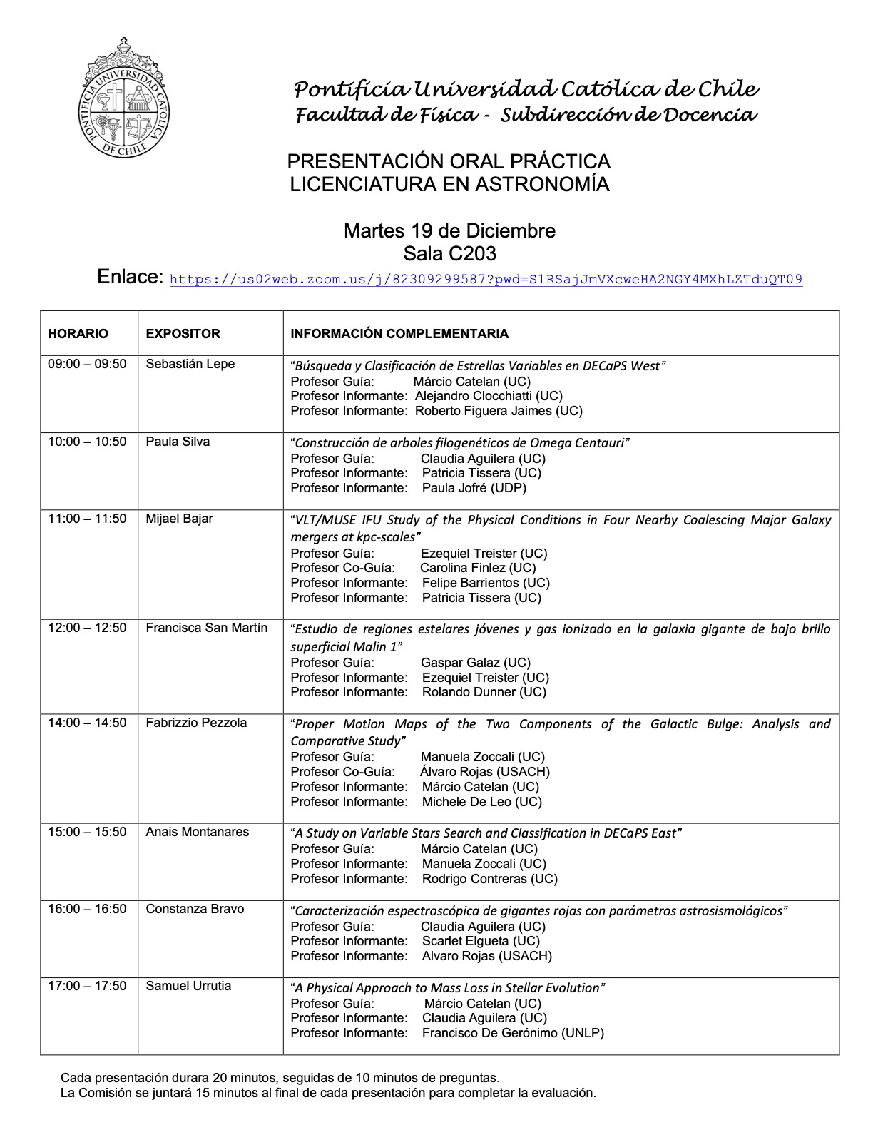 Presentaciones prácticas de Licenciatura en Astronomía (19.12.23) 